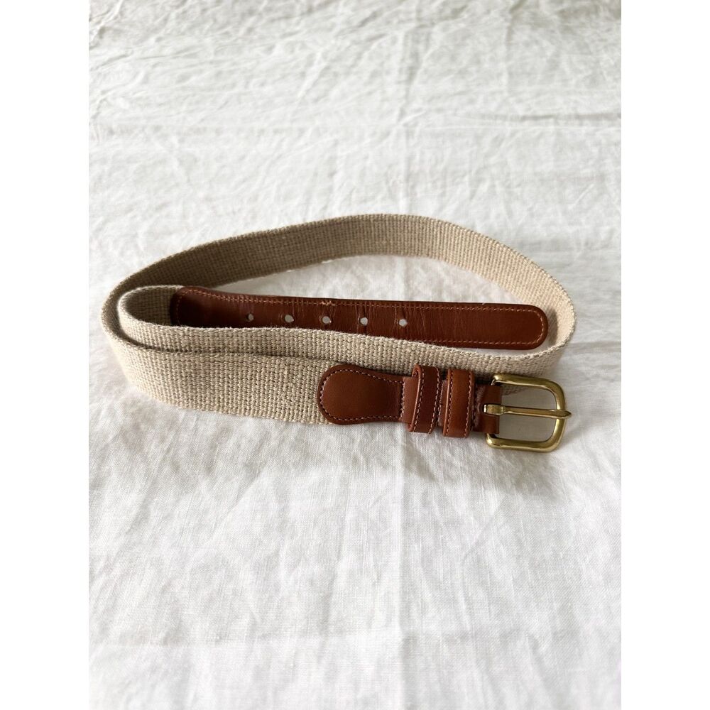 Vintage Coach 3810 Natural Linen Leather Belt Size 34 Brass Buckle Tan Preppy
